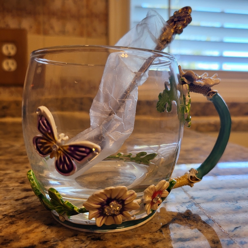 CLEARANCE Floral Glass Mug with Butterfly Design